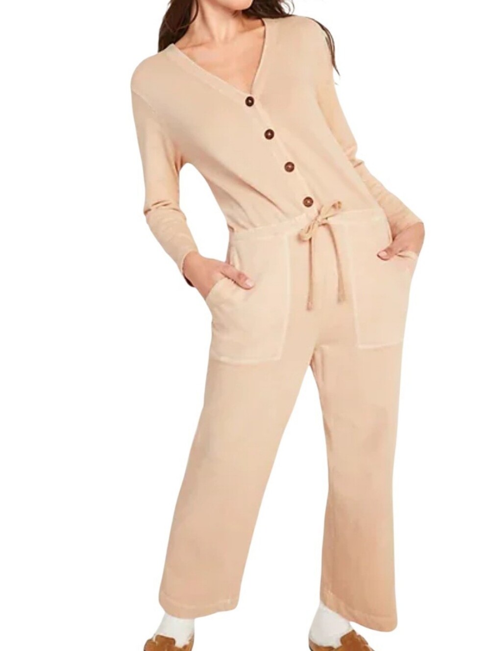 Old Navy French Terry Utility Jumpsuit Moonsand Beige Sz L Lounge Travel Casual